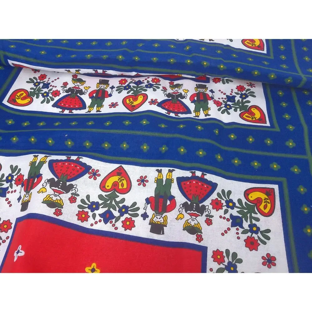 Vintage Kolf Austrian Folklore Cotton Tablecloth 59x79 Red Navy Blue Folk Art